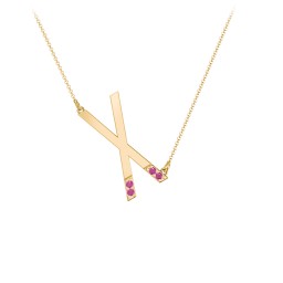 Asymmetrical Initial Necklace with Accent Stones - X in 18K Gold Plated Silver with Ruby