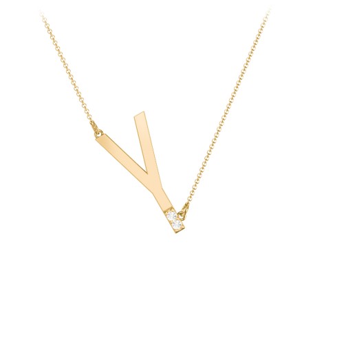 Asymmetrical Initial Necklace with Accent Stones - Y – 18K Gold Plated Silver with Cubic Zirconia