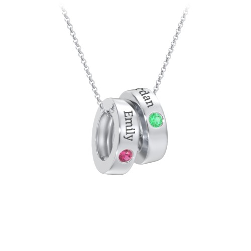 Engravable Gemstone Stacking Ring Charm Necklace - 2 – Sterling Silver with Ruby and Emerald