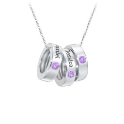 Engravable Gemstone Stacking Ring Charm Necklace - 3 in 925 Sterling Silver with Amethyst