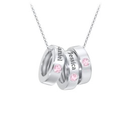 Engravable Gemstone Stacking Ring Charm Necklace - 3 in 925 Sterling Silver with Pink Tourmaline
