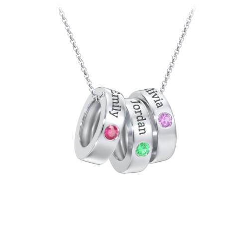 Engravable Gemstone Stacking Ring Charm Necklace - 3 – Sterling Silver with Ruby, Emerald, and Amethyst