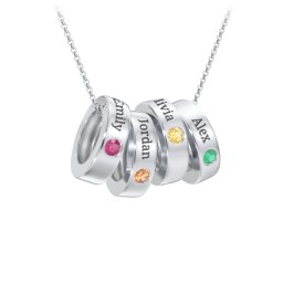 Engravable Gemstone Stacking Ring Charm Necklace - 4 in 925 Sterling Silver with Ruby, Orange Sapphire, Citrine, and Emerald
