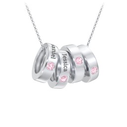 Engravable Gemstone Stacking Ring Charm Necklace - 4 in 925 Sterling Silver with Pink Tourmaline