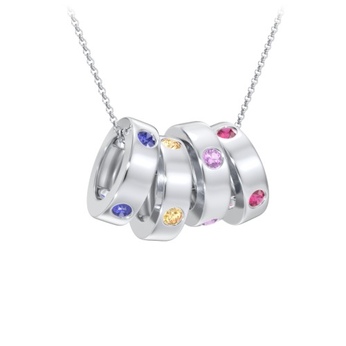 Multi-Gemstone Stacking Ring Charm Necklace - 4 – Sterling Silver with Blue Sapphire, Citrine, Amethyst, and Ruby