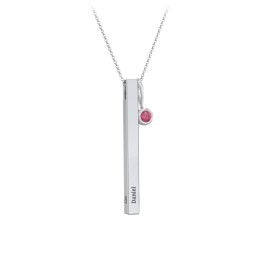 Engravable Vertical 3D Bar Necklace with 1-Stone Charm in 925 Sterling Silver with Ruby