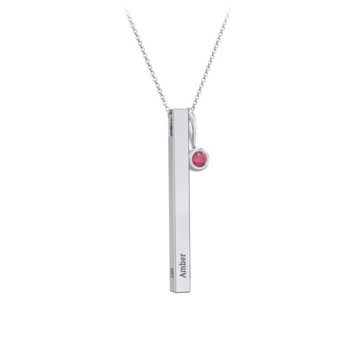 Engravable Vertical 3D Bar Necklace with 1-Stone Charm – Sterling Silver with Ruby