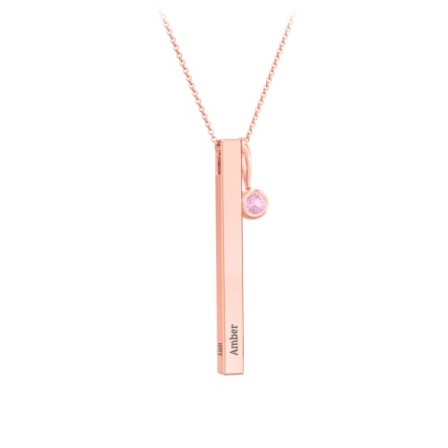Engravable Vertical 3D Bar Necklace with 1-Stone Charm – 10K Rose Gold with Pink Tourmaline