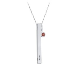 Engravable Vertical 3D Bar Necklace with 1-Stone Charm in 925 Sterling Silver with Garnet