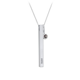 Engravable Vertical 3D Bar Necklace with 1-Stone Charm in 925 Sterling Silver with Smokey Quartz