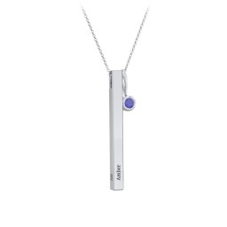 Engravable Vertical 3D Bar Necklace with 1-Stone Charm in 925 Sterling Silver with Blue Sapphire