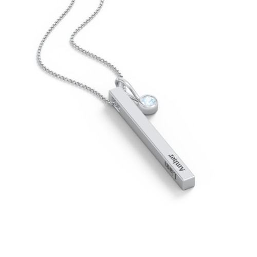 Engravable Vertical 3D Bar Necklace with 1-Stone Charm – Sterling Silver with Aquamarine