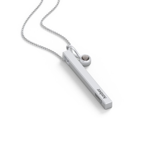 Engravable Vertical 3D Bar Necklace with 1-Stone Charm – Sterling Silver with Smokey Quartz