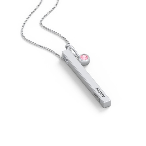 Engravable Vertical 3D Bar Necklace with 1-Stone Charm – Sterling Silver with Pink Tourmaline