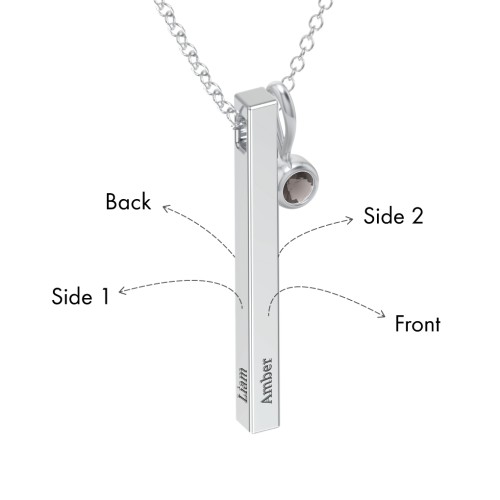 Engravable Vertical 3D Bar Necklace with 1-Stone Charm – Sterling Silver with Smokey Quartz