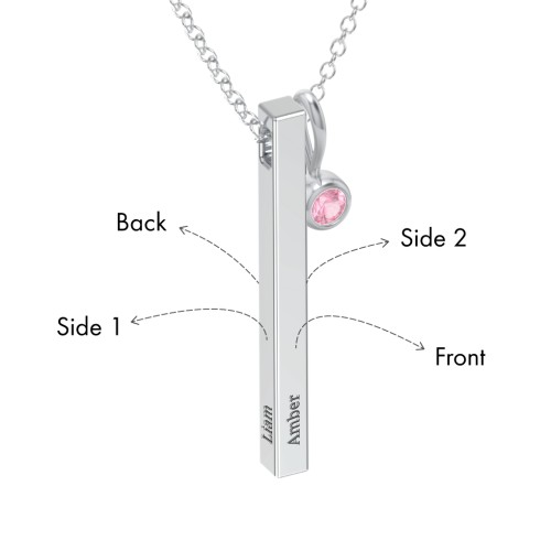 Engravable Vertical 3D Bar Necklace with 1-Stone Charm – Sterling Silver with Pink Tourmaline