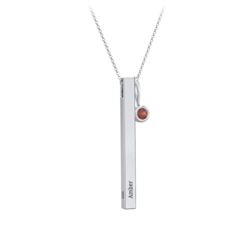 Engravable Vertical 3D Bar Necklace with 1-Stone Charm – Sterling Silver with Garnet