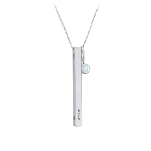 Engravable Vertical 3D Bar Necklace with 1-Stone Charm – Sterling Silver with Aquamarine