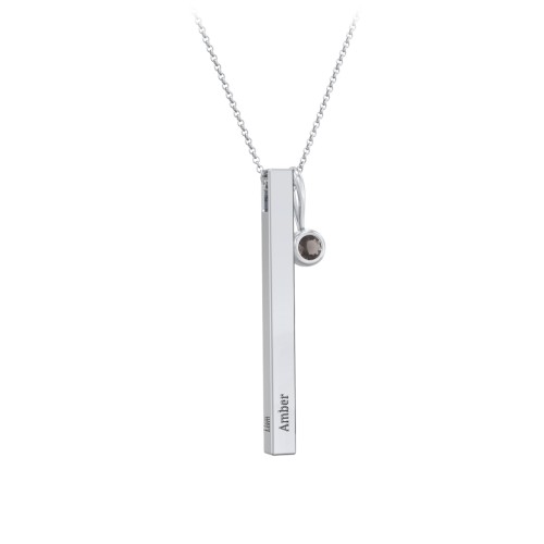 Engravable Vertical 3D Bar Necklace with 1-Stone Charm – Sterling Silver with Smokey Quartz