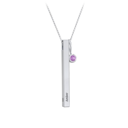 Engravable Vertical 3D Bar Necklace with 1-Stone Charm – Sterling Silver with Amethyst