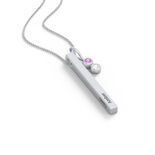 Engravable Vertical 3D Bar Necklace with 2-Stone Charm