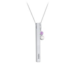 Engravable Vertical 3D Bar Necklace with 2-Stone Charm in 925 Sterling Silver with Amethyst and Cubic Zirconia