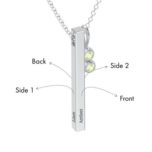 Engravable Vertical 3D Bar Necklace with 2-Stone Charm – Sterling Silver with Peridot