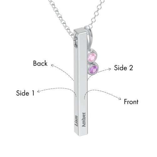 Engravable Vertical 3D Bar Necklace with 2-Stone Charm – Sterling Silver with Pink Tourmaline and Amethyst