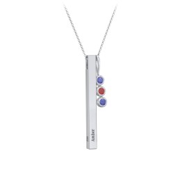 Engravable Vertical 3D Bar Necklace with 3-Stone Charm in 925 Sterling Silver with Blue Sapphire and Garnet