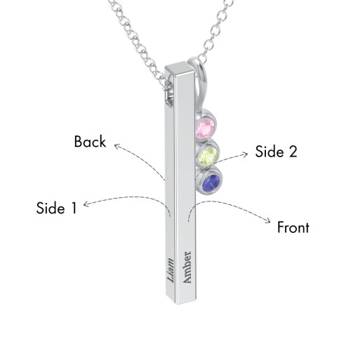 Engravable Vertical 3D Bar Necklace with 3-Stone Charm – Sterling Silver with Pink Tourmaline, Peridot, and Blue Sapphire
