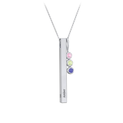 Engravable Vertical 3D Bar Necklace with 3-Stone Charm – Sterling Silver with Pink Tourmaline, Peridot, and Blue Sapphire
