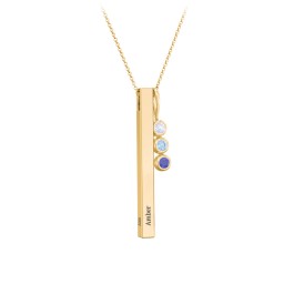 Engravable Vertical 3D Bar Necklace with 3-Stone Charm in 10K Solid Yellow Gold with Lavender Premium Zirconia, Blue Topaz, and Blue Sapphire