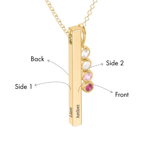 Engravable Vertical 3D Bar Necklace with 4-Stone Charm – 10K Yellow Gold with Cubic Zirconia, Opal, Pink Tourmaline, and Ruby