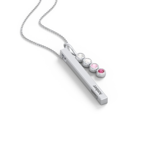 Engravable Vertical 3D Bar Necklace with 4-Stone Charm – Sterling Silver with Cubic Zirconia, Opal, Pink Tourmaline, and Ruby