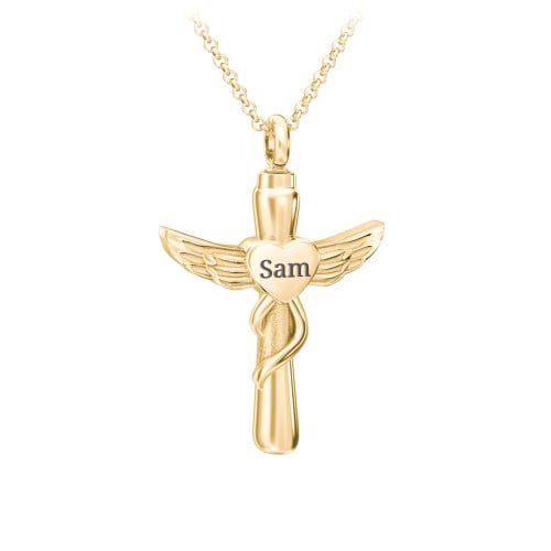 Engravable Winged Cross Urn Necklace in Yellow Ion-Plated Steel