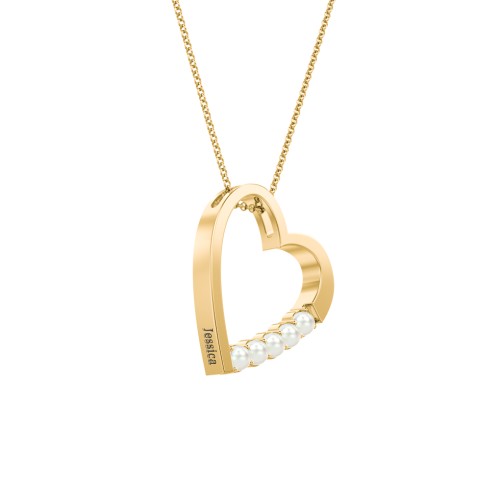 Engravable Tilted Heart Necklace with Pearls – 18K Gold Plated Silver with Freshwater Pearl