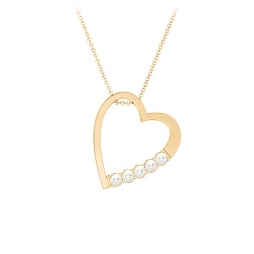 Engravable Tilted Heart Necklace with Pearls – 18K Gold Plated Silver with Freshwater Pearl