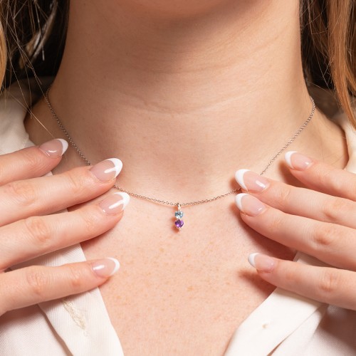 Engravable Generations Stacking Hearts Pendant - 3 – Sterling Silver with Pink Tourmaline, Aquamarine, and Cubic Zirconia