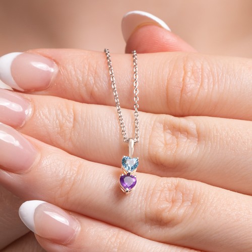 Engravable Generations Stacking Hearts Pendant - 3 – Sterling Silver with Pink Tourmaline, Aquamarine, and Cubic Zirconia
