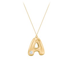 Custom Bubble Initial Necklace with Birthstone in 18K Gold Plated Silver with Aquamarine