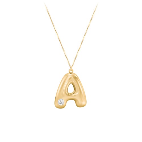 Custom Bubble Initial Necklace with Birthstone – 18K Gold Plated Silver with Diamond