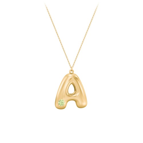 Custom Bubble Initial Necklace with Birthstone – 18K Gold Plated Silver with Peridot