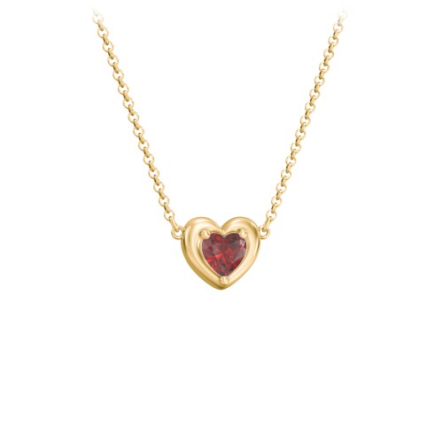 Puffy Heart Pendant with 1 Birthstone – 18K Gold Plated Silver with Garnet