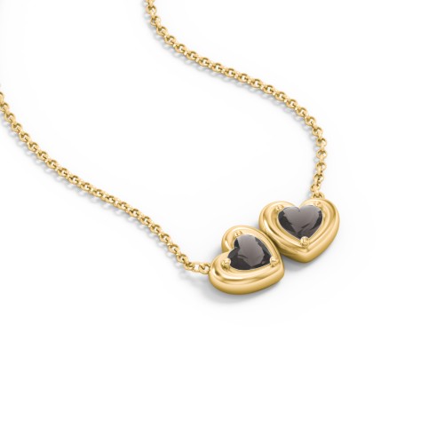 Puffy Heart Pendant with 2 Birthstones – 18K Gold Plated Silver with Smokey Quartz