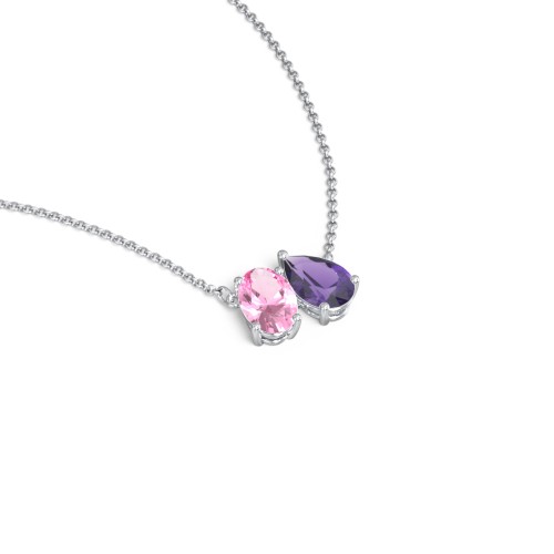 Toi et Moi Oval and Pear Gemstone Necklace – Sterling Silver with Pink Tourmaline and Amethyst