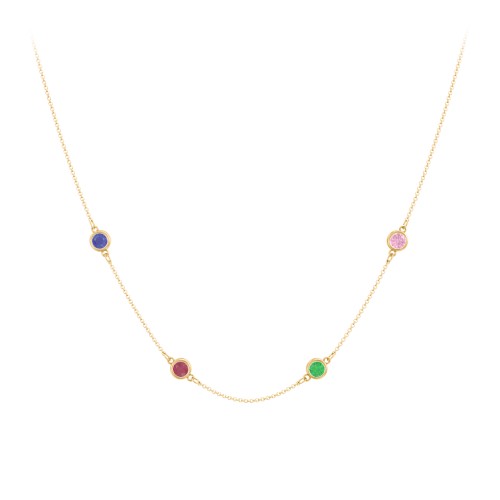 Bezel-Set Round Stone Station Necklace – 10K Yellow Gold with Blue Sapphire, Ruby, Emerald, and Pink Tourmaline