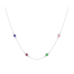 Bezel-Set Round Stone Station Necklace – Sterling Silver with Blue Sapphire, Ruby, Emerald, and Pink Tourmaline