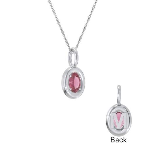Oval Frame Stone Necklace With Back Initial – Sterling Silver with Pink Tourmaline
