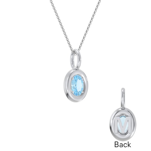 Oval Frame Stone Necklace With Back Initial – Sterling Silver with Blue Topaz