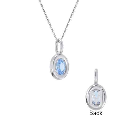 Oval Frame Stone Necklace With Back Initial – Sterling Silver with Blue Topaz